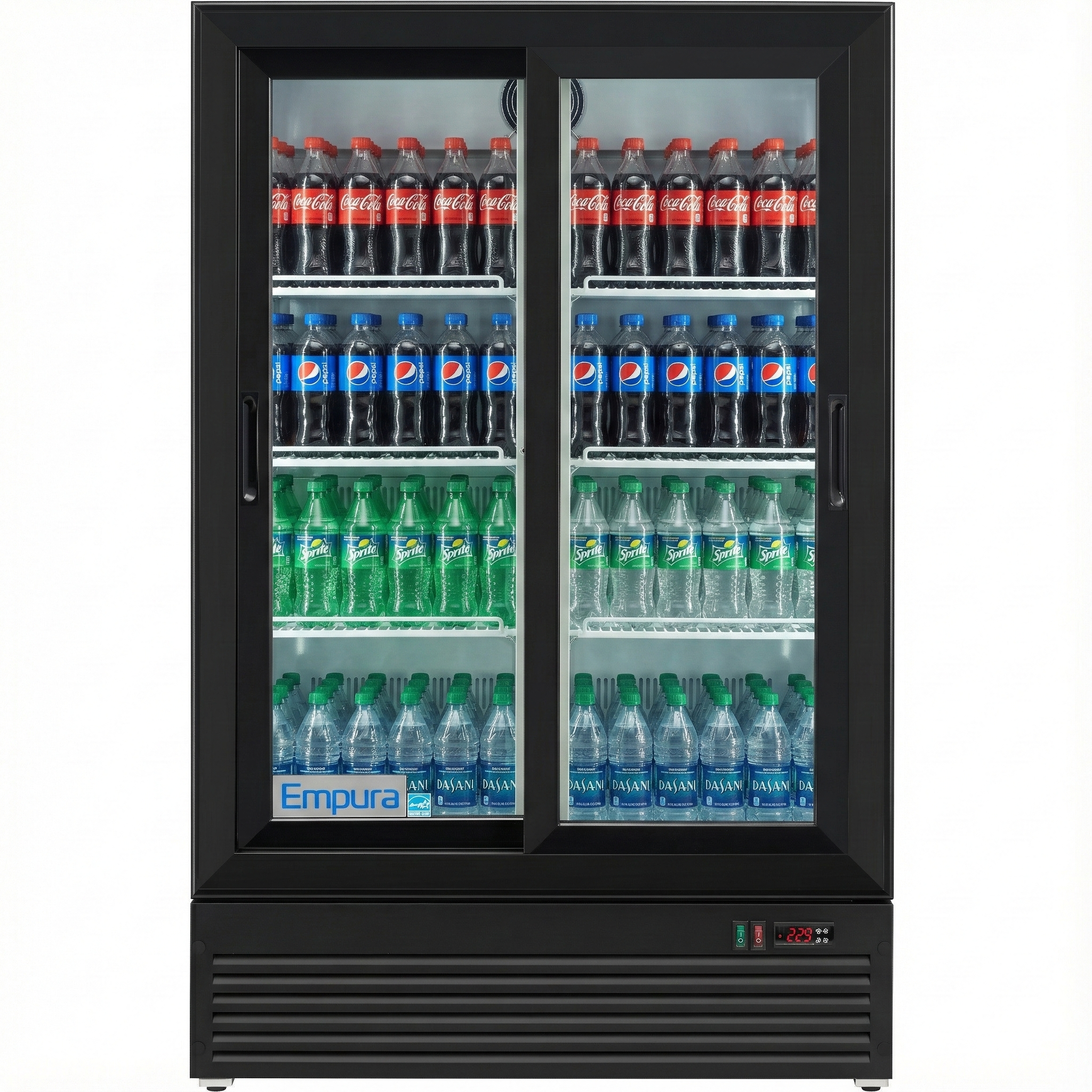 Empura 35" Black Sliding Glass 2 Door Merchandiser Refrigerator with ClearKeeper™ Glass, 10 Cu. Ft., LED Lighting, Self-Closing Doors