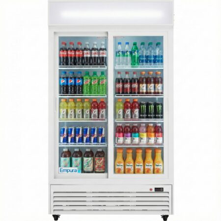 Empura 44" White Sliding Glass 2 Door Merchandiser Refrigerator with ClearKeeper™ Glass, 35 Cu. Ft., LED Lighting, 8 Adjustable Shelves