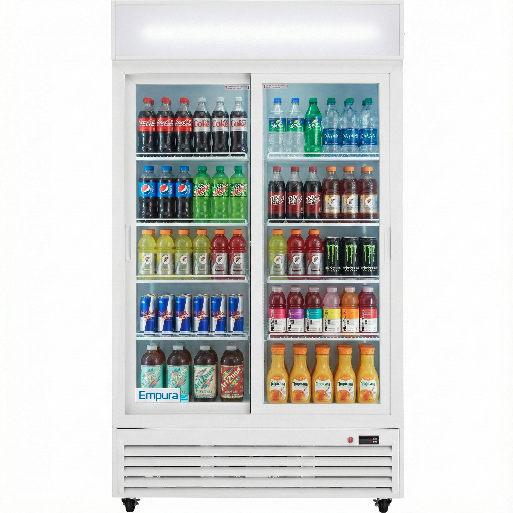 Empura 44" White Sliding Glass 2 Door Merchandiser Refrigerator with ClearKeeper™ Glass, 35 Cu. Ft., LED Lighting, 8 Adjustable Shelves
