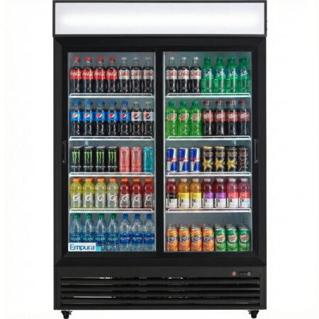 Empura 52" Black Sliding Glass 2 Door Merchandiser Refrigerator with ClearKeeper™ Glass, 42 Cu. Ft., LED Lighting, 8 Adjustable Shelves