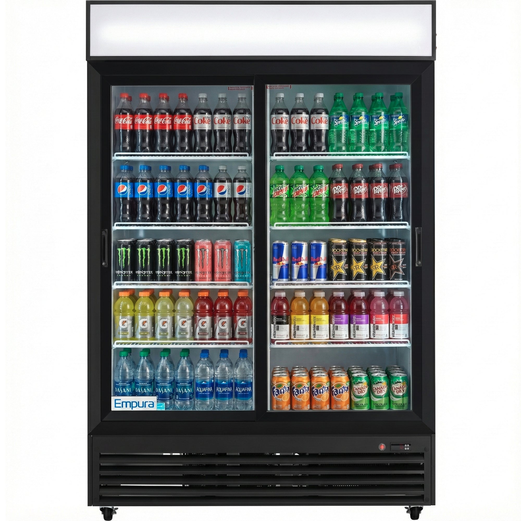 Empura 52" Black Sliding Glass 2 Door Merchandiser Refrigerator with ClearKeeper™ Glass, 42 Cu. Ft., LED Lighting, 8 Adjustable Shelves