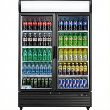 Empura 52" Black Swing Glass 2 Door Merchandiser Refrigerator with ClearKeeper™ Glass, 48 Cu. Ft., LED Lighting, 8 Adjustable Shelves