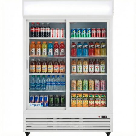 Empura 52" White Sliding Glass 2 Door Merchandiser Refrigerator with ClearKeeper™ Glass, 48 Cu. Ft., LED Lighting, 8 Adjustable Shelves