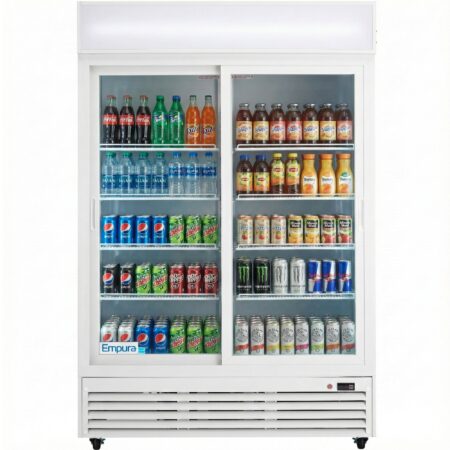 Empura 52" White Sliding Glass 2 Door Merchandiser Refrigerator with ClearKeeper™ Glass, 42 Cu. Ft., LED Lighting, 8 Adjustable Shelves