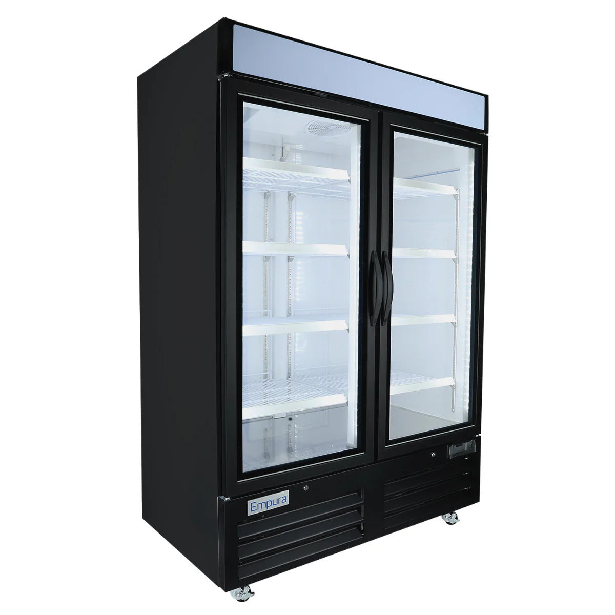 Empura 54" Black Swing Glass 2 Door Merchandiser Freezer with ClearKeeper™ Glass, 43.8 Cu. Ft., LED Lighting, 8 Adjustable Shelves