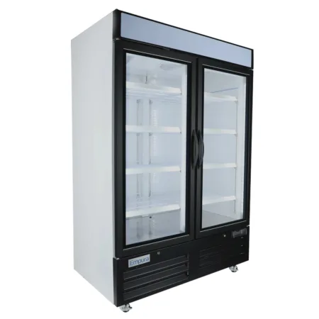 Empura 54" White Swing Glass 2 Door Merchandiser Freezer with ClearKeeper™ Glass, 43.8 Cu. Ft., LED Lighting, 8 Adjustable Shelves